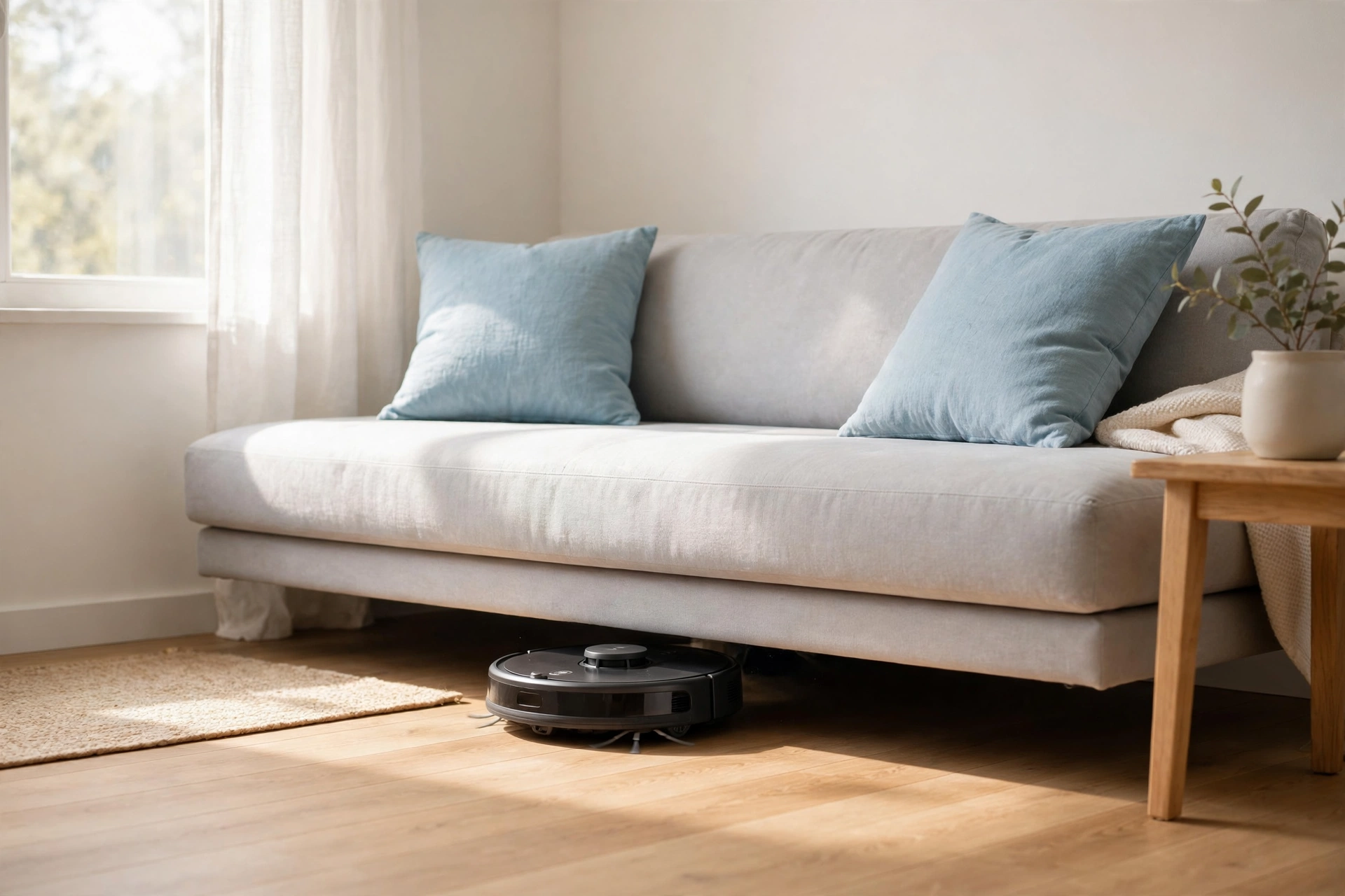 Small round robot vacuum cleaning under a low sofa in a bright small apartment living room