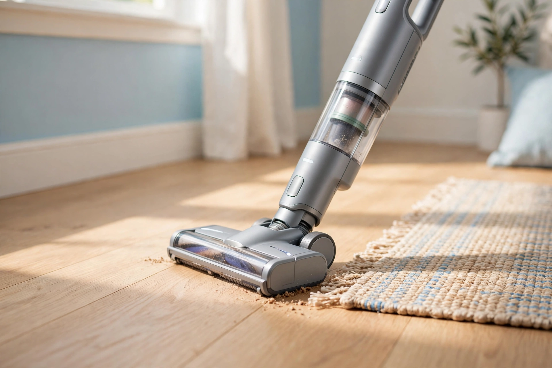 Cordless stick vacuum cleaning a light oak hardwood floor beside a woven area rug