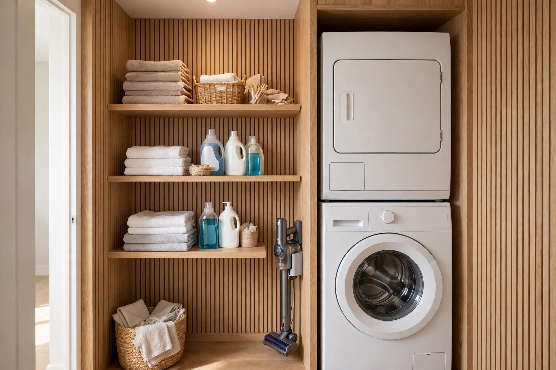 Compact vacuum stored upright in a tidy small laundry closet beside a stacked washer and dryer