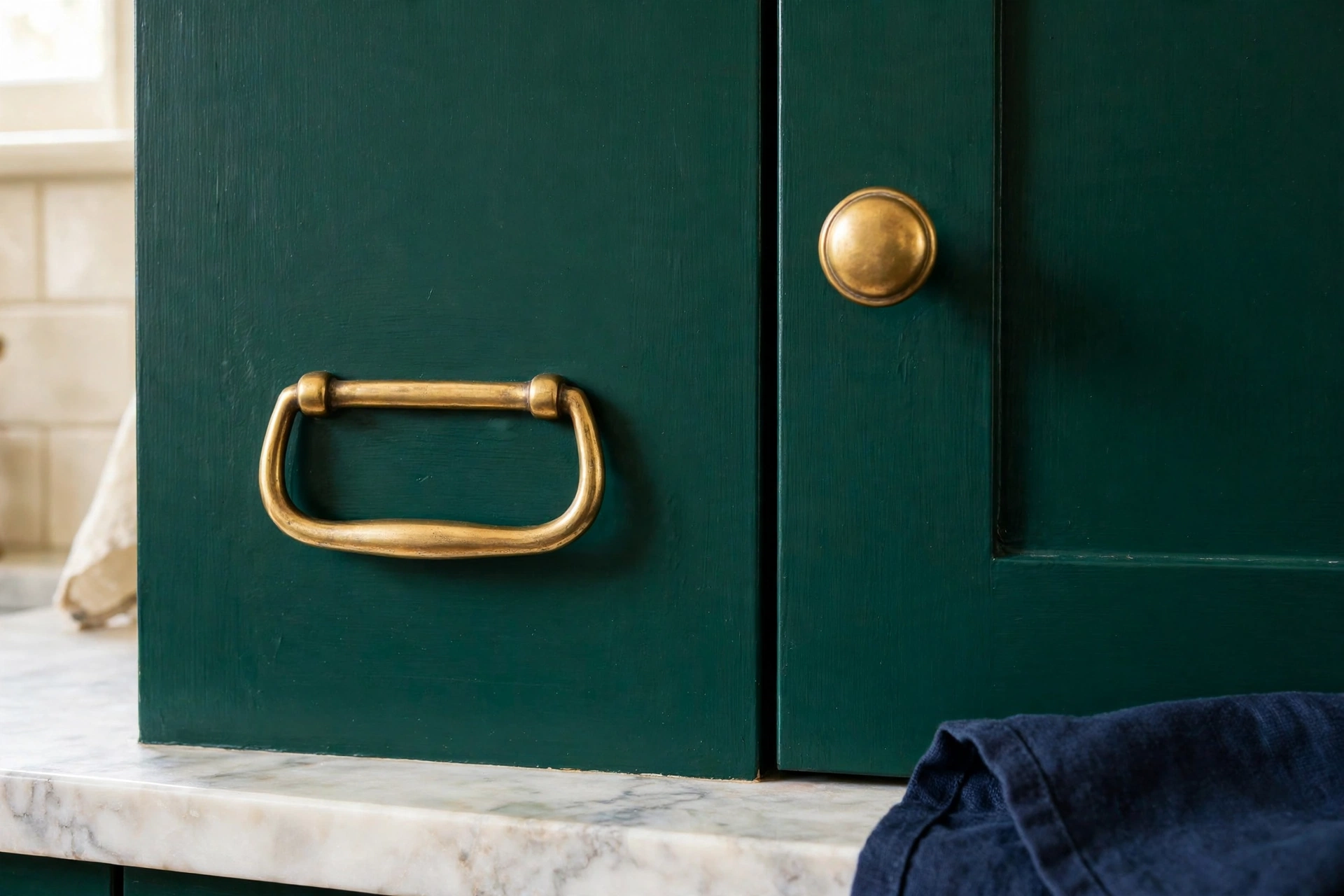 Unlacquered brass cabinet pulls on deep emerald green painted kitchen cabinet doors