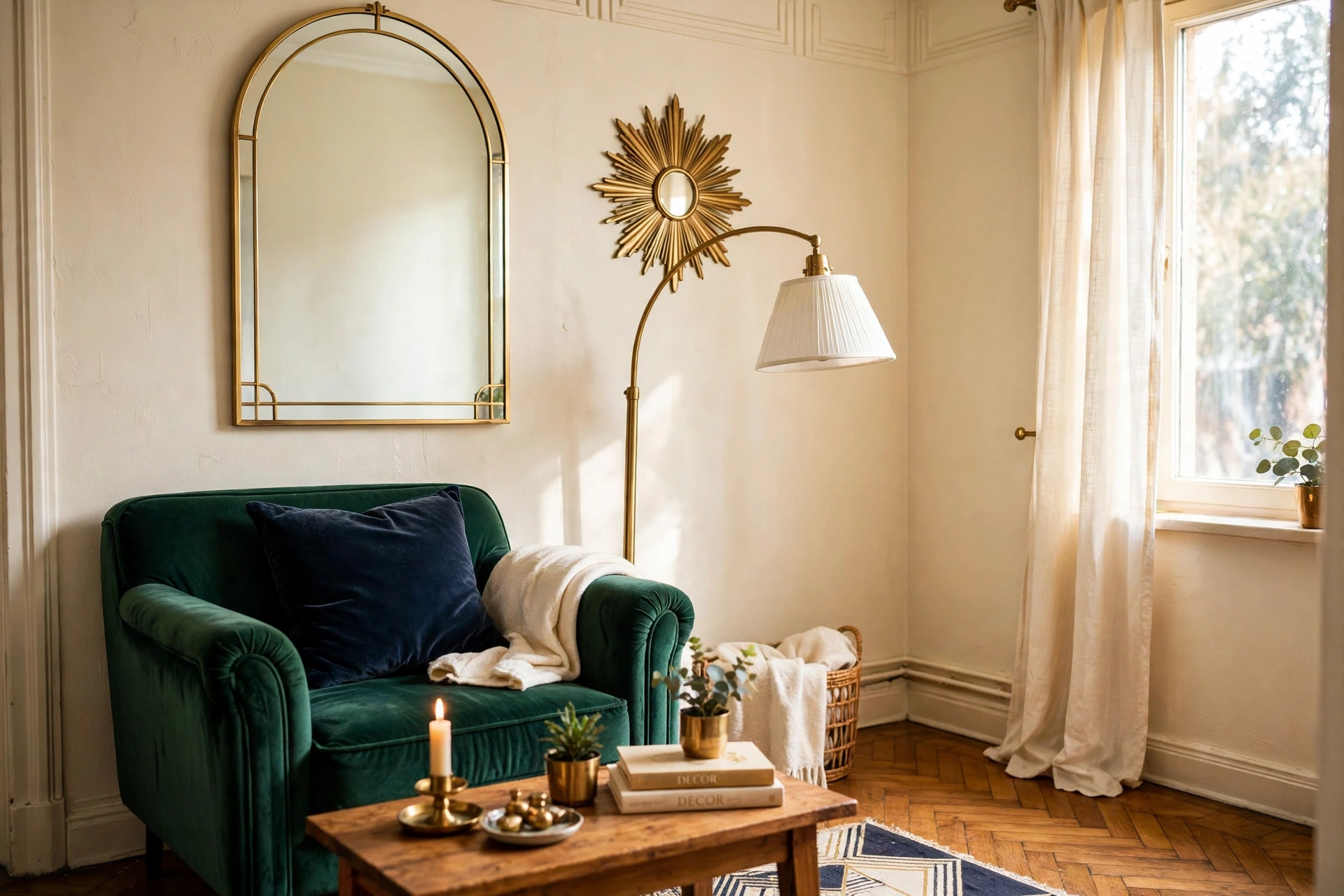Neo Deco living room with emerald velvet sofa, brass accents and an arched mirror