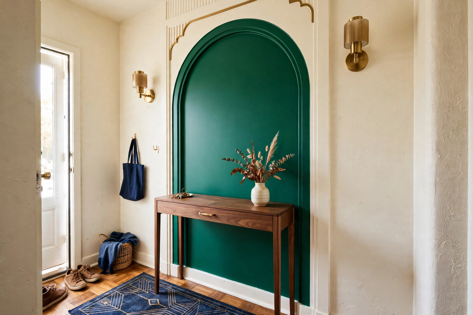 Emerald green painted arch on a cream wall behind a slim walnut console table with brass sconces