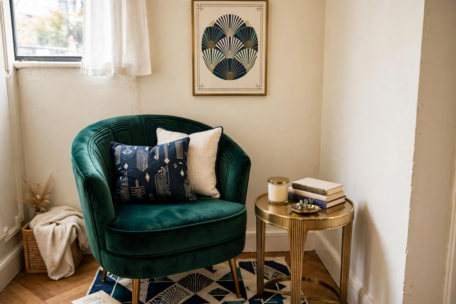 Emerald velvet accent chair with brass side table and navy cushions in a small cozy corner