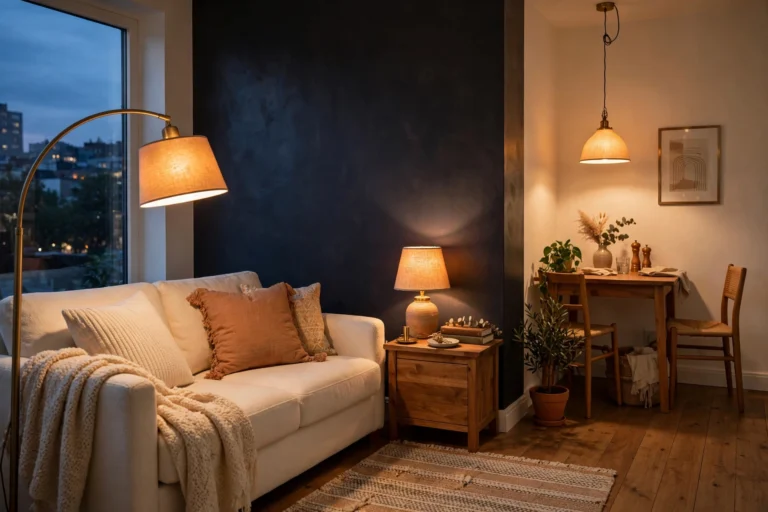 Small rental living room at dusk with layered warm lighting — arc floor lamp, table lamp and plug-in pendant