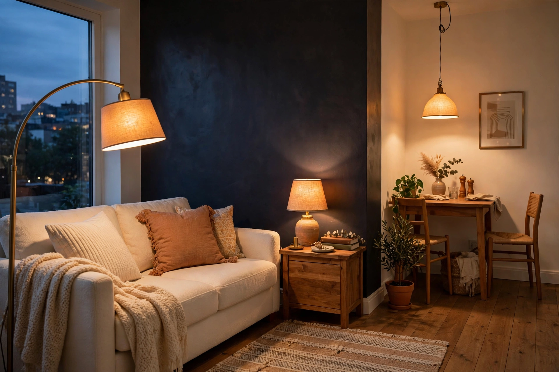 Small rental living room at dusk with layered warm lighting — arc floor lamp, table lamp and plug-in pendant