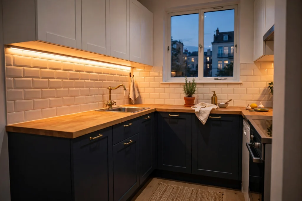 Warm LED strip lighting under white kitchen cabinets in a small rental kitchen