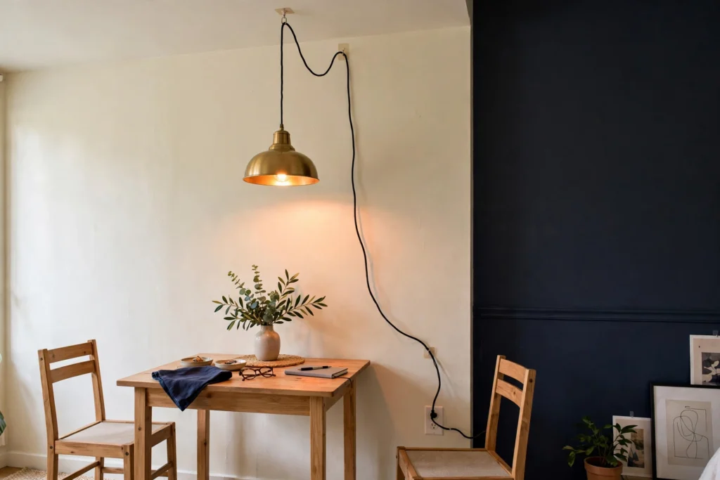 Plug-in pendant light with brass shade hanging over a small dining table in a rental apartment
