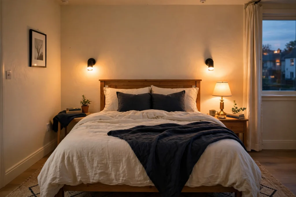 Two rechargeable wall sconces glowing beside a bed in a small rental bedroom