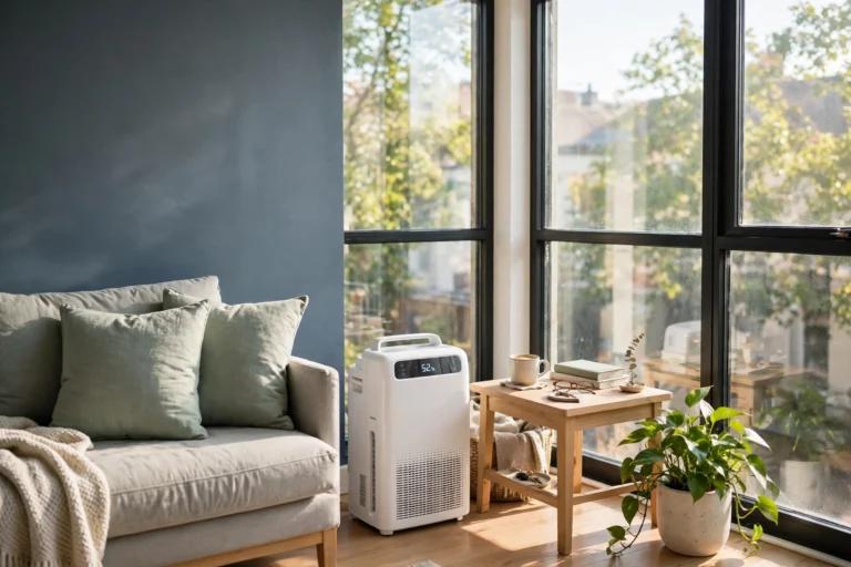 Compact white dehumidifier in a bright small apartment living room with slate-blue wall and sage sofa