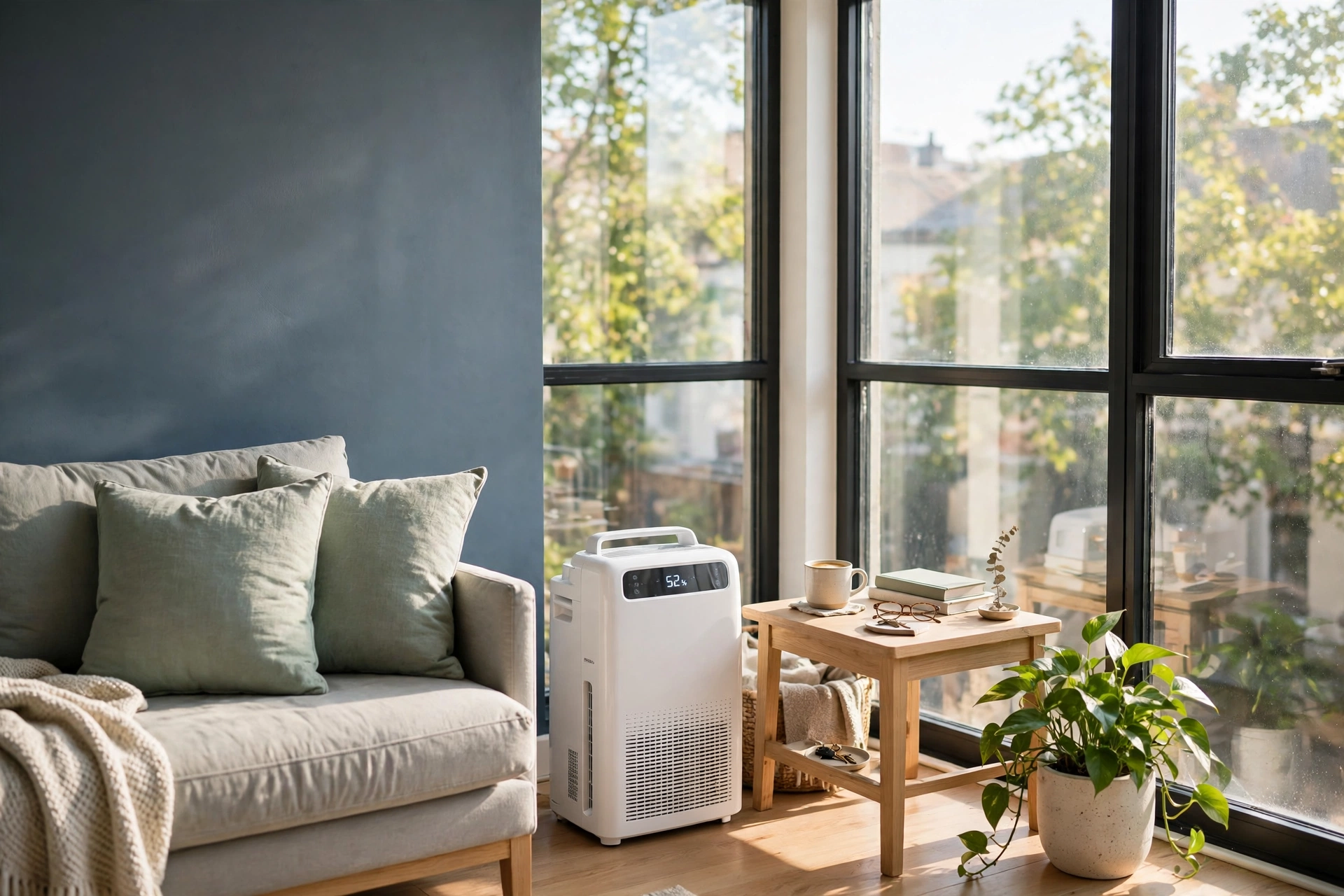 Compact white dehumidifier in a bright small apartment living room with slate-blue wall and sage sofa