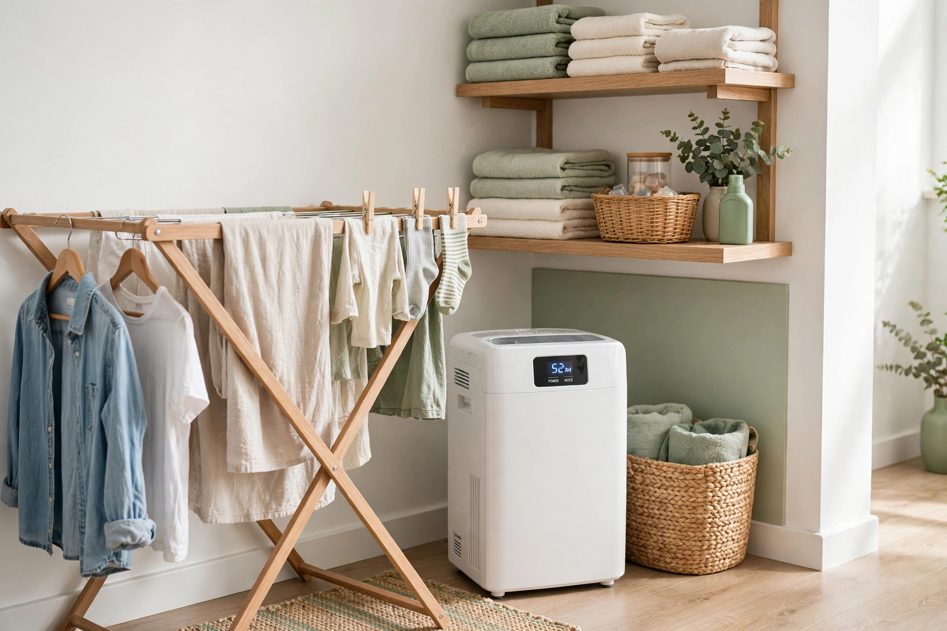 Indoor drying rack with laundry beside a white compressor dehumidifier in a small laundry corner