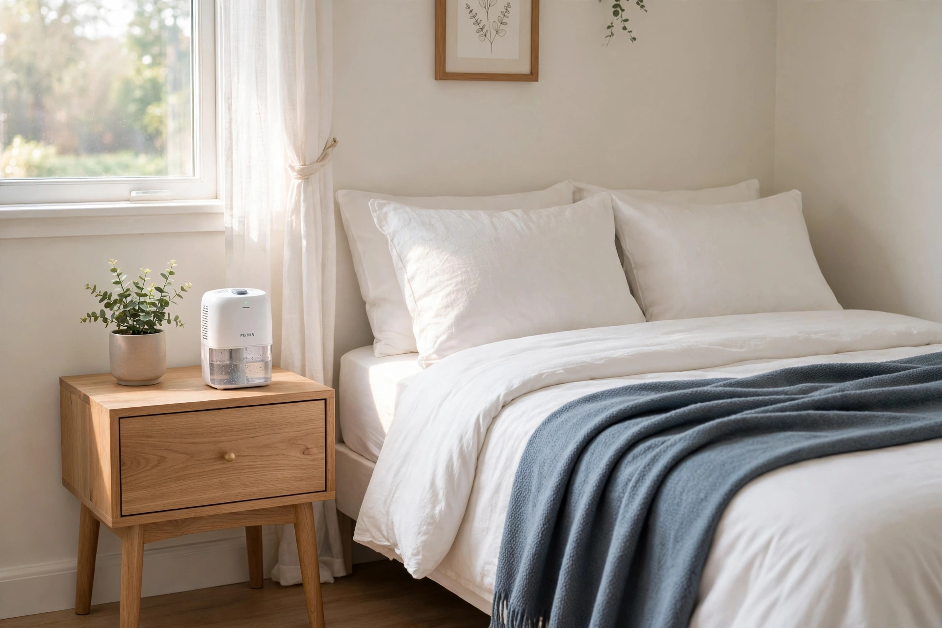 Small white Peltier mini dehumidifier on a nightstand beside a bed with white bedding