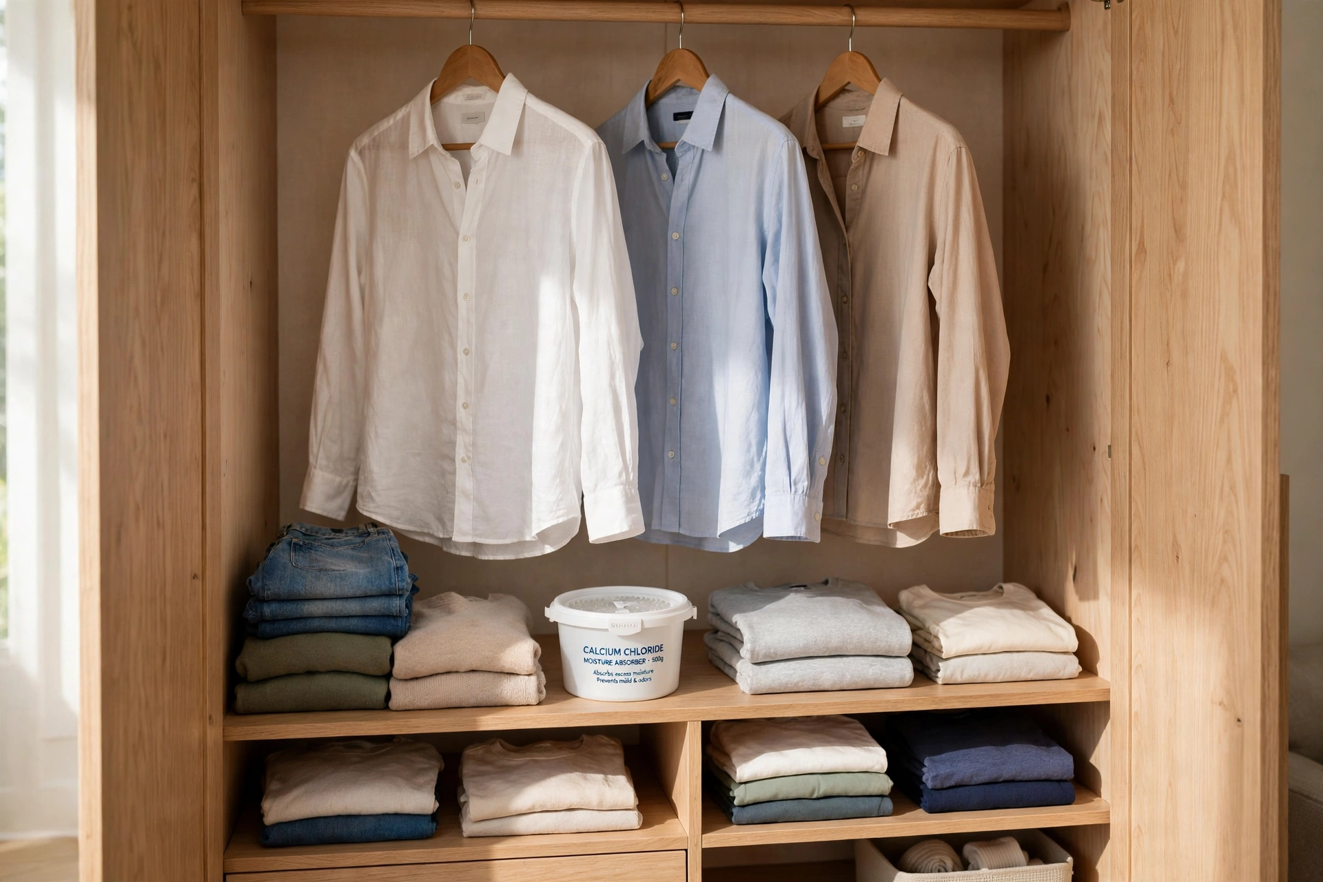Moisture absorber tub on a shelf inside a neat open wardrobe