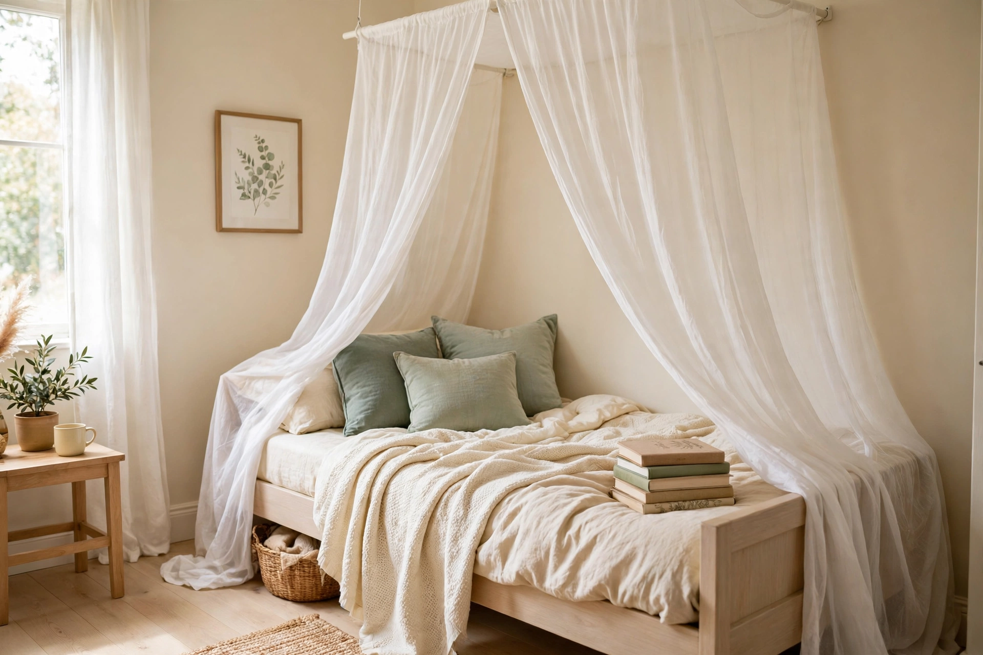 Cozy reading nook with a sheer white fabric canopy draped overhead and sage pillows