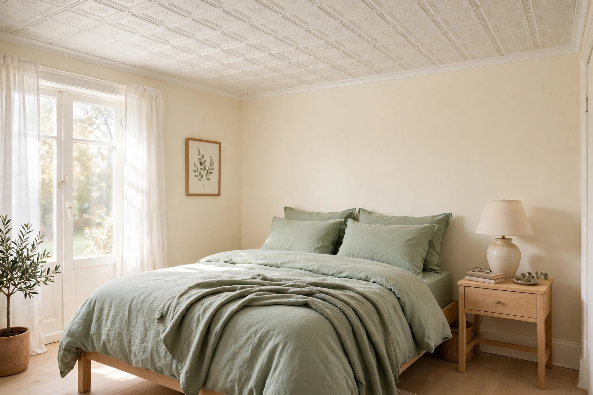 Small bedroom with white peel-and-stick faux-tin ceiling tiles, sage green bedding and pale oak floor