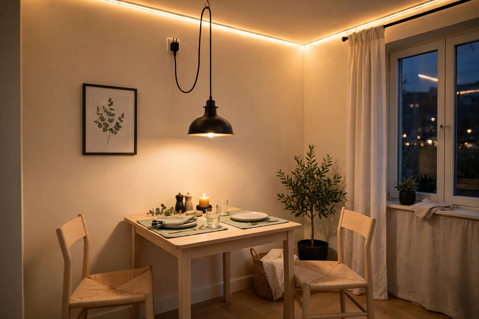 Small dining corner with a warm LED strip along the ceiling edge and a black plug-in pendant over a pale oak table