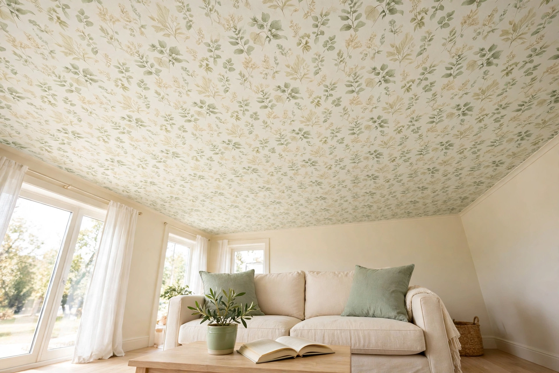 Small living room with a pale botanical temporary wallpaper ceiling above a cream sofa