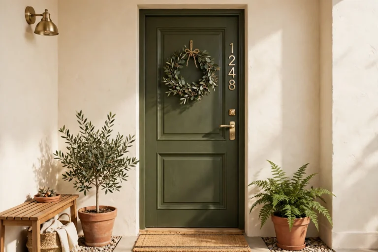 Deep olive green front door with brass hardware and terracotta pots on a small home entryway