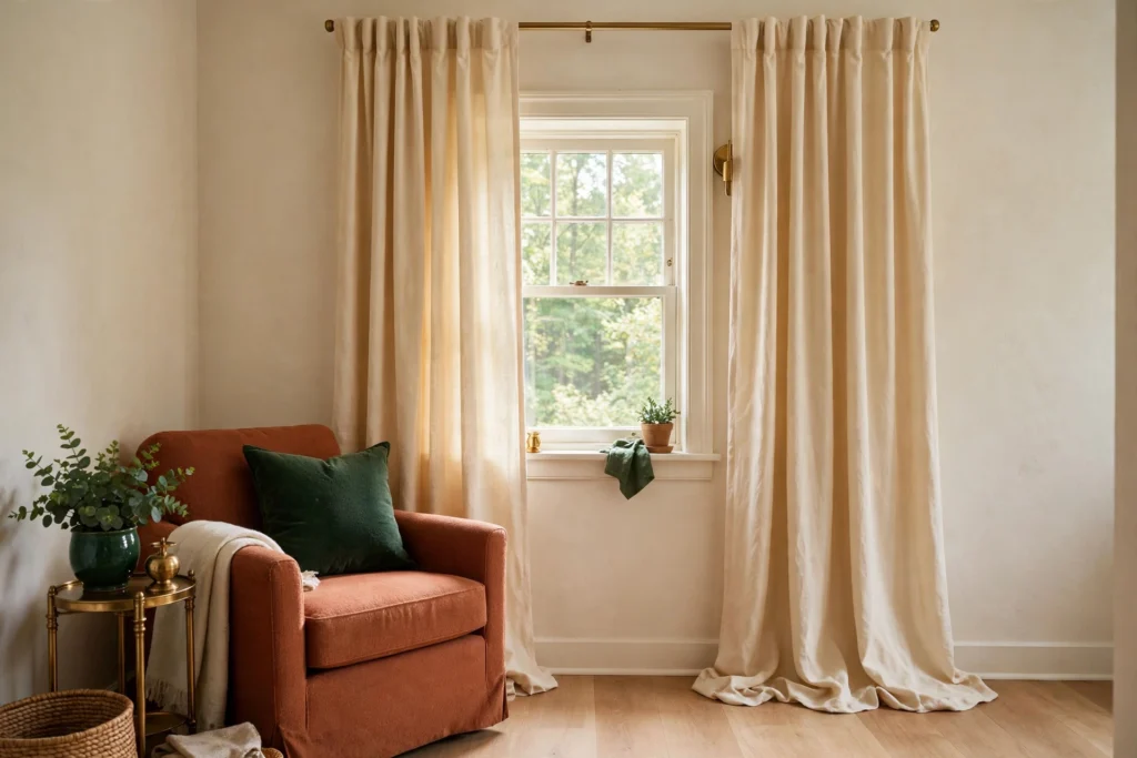 Floor-length cream curtains hung high and wide above a small living room window with a terracotta armchair