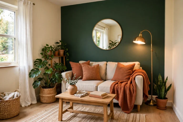 Small living room after a budget makeover under $100 — forest-green accent wall, terracotta cushions, brass floor lamp and light oak floor