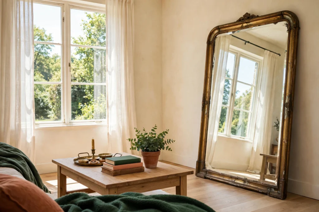 Large thrifted brass-framed mirror leaning against a living room wall with a styled coffee table holding books and a plant