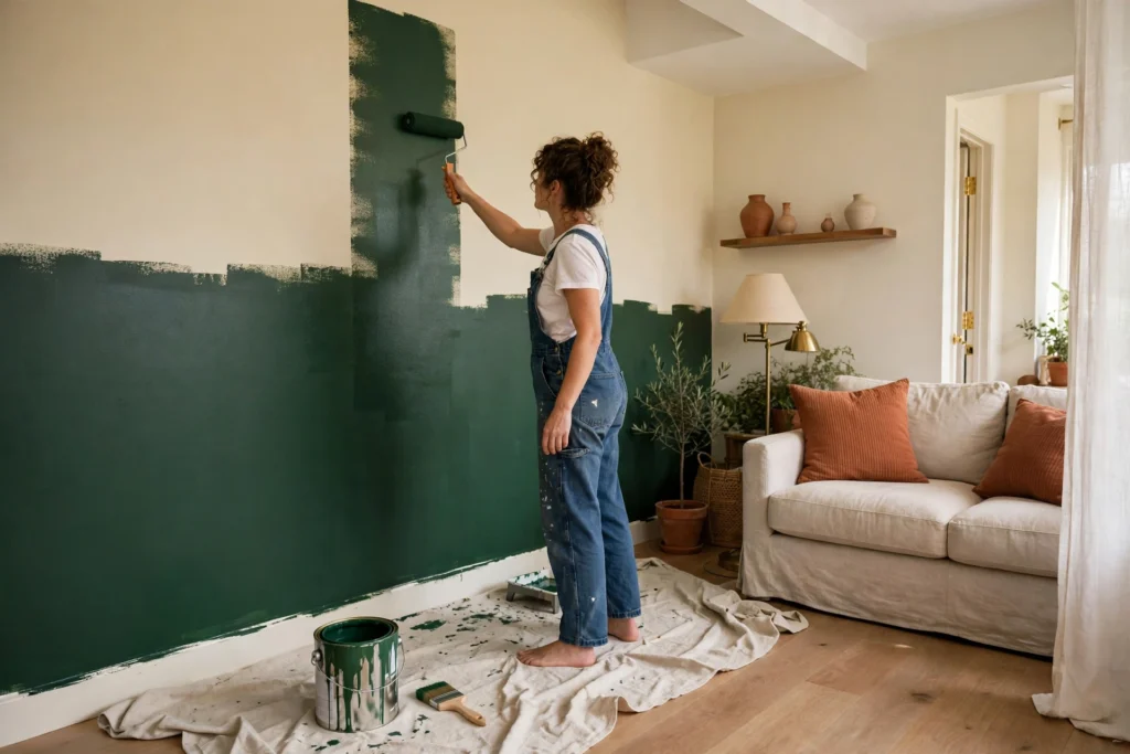 Painting one living room wall deep forest green with a roller for a budget accent wall