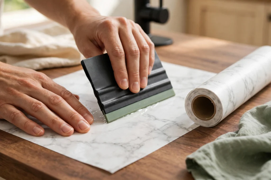 Hands smoothing white marble contact paper onto a kitchen countertop with a plastic squeegee
