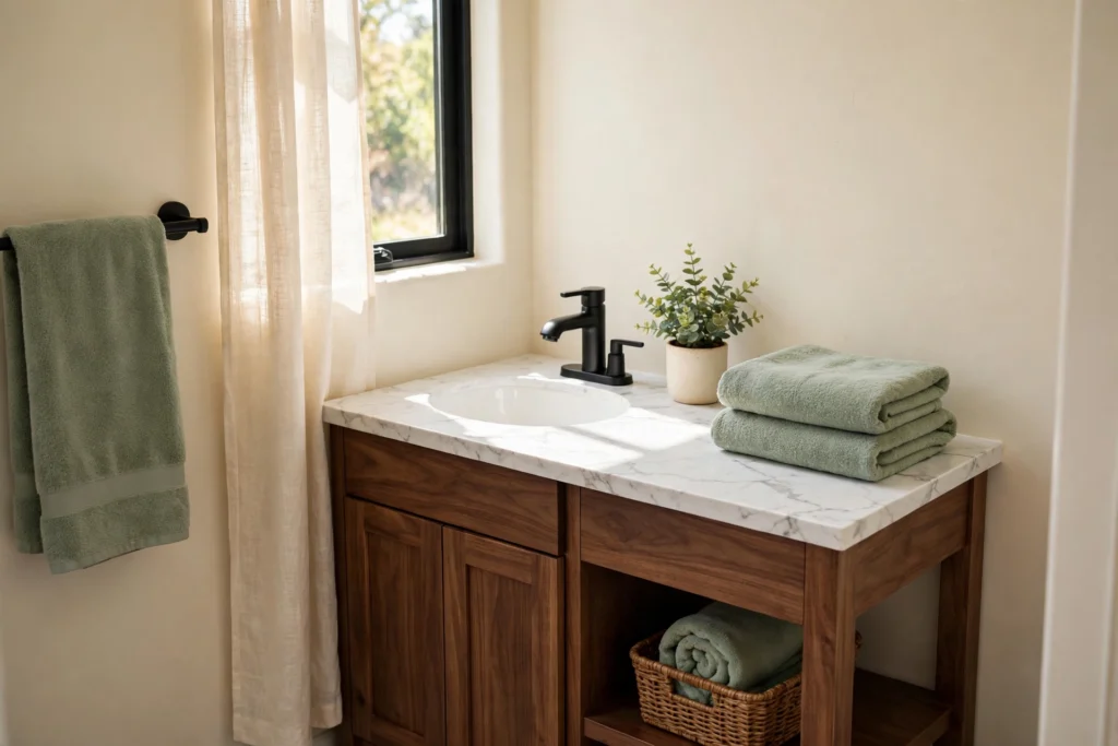 Small bathroom vanity with marble-look contact paper top, sage green towels and matte black faucet