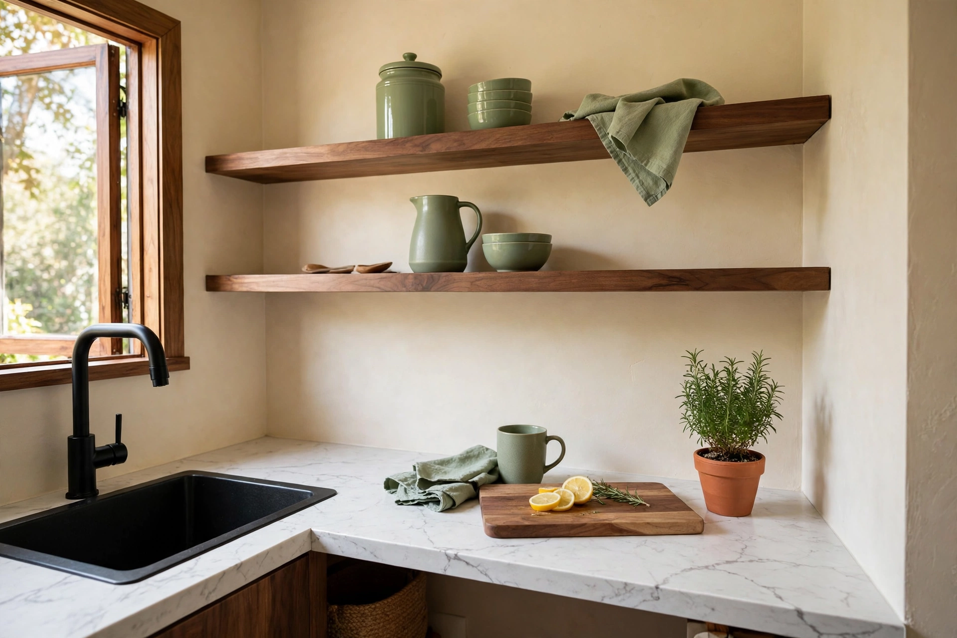 Small kitchen with white marble-look contact paper countertop, walnut open shelves and sage green accessories