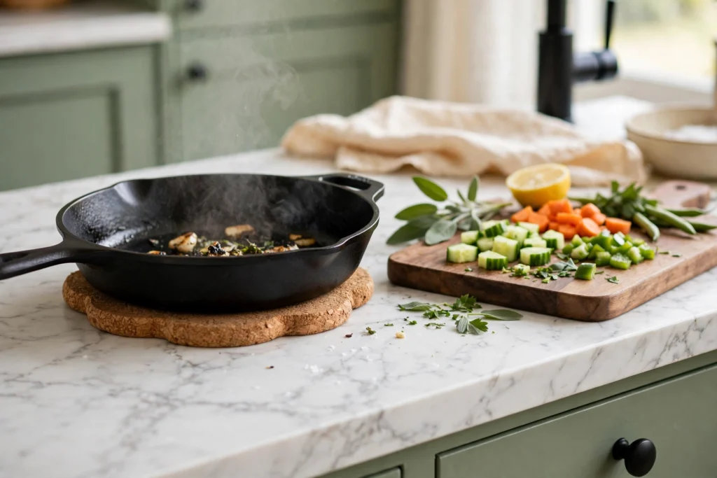 Marble-look contact paper countertop with a cork trivet holding a hot pan and a wooden cutting board