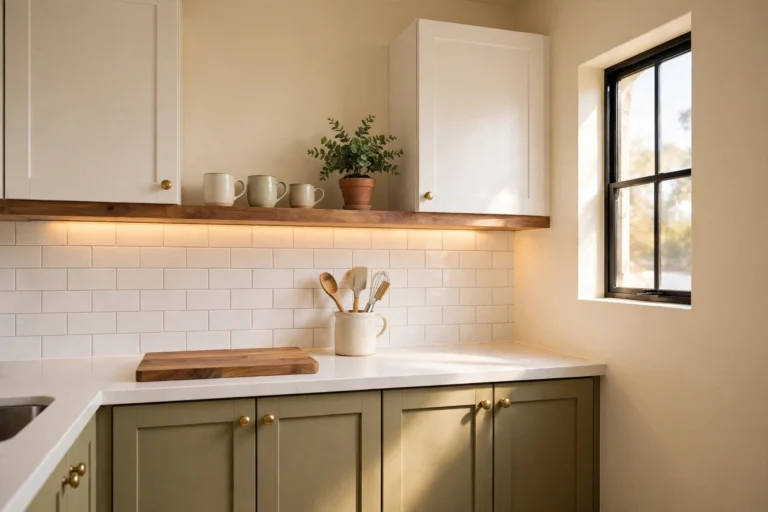 Small kitchen makeover under $100 with olive-green lower cabinets, brass hardware and white subway backsplash