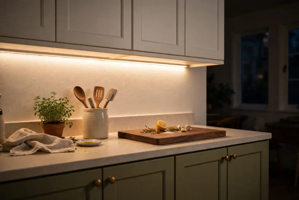 Warm LED strip lighting glowing under white kitchen wall cabinets above a wooden worktop