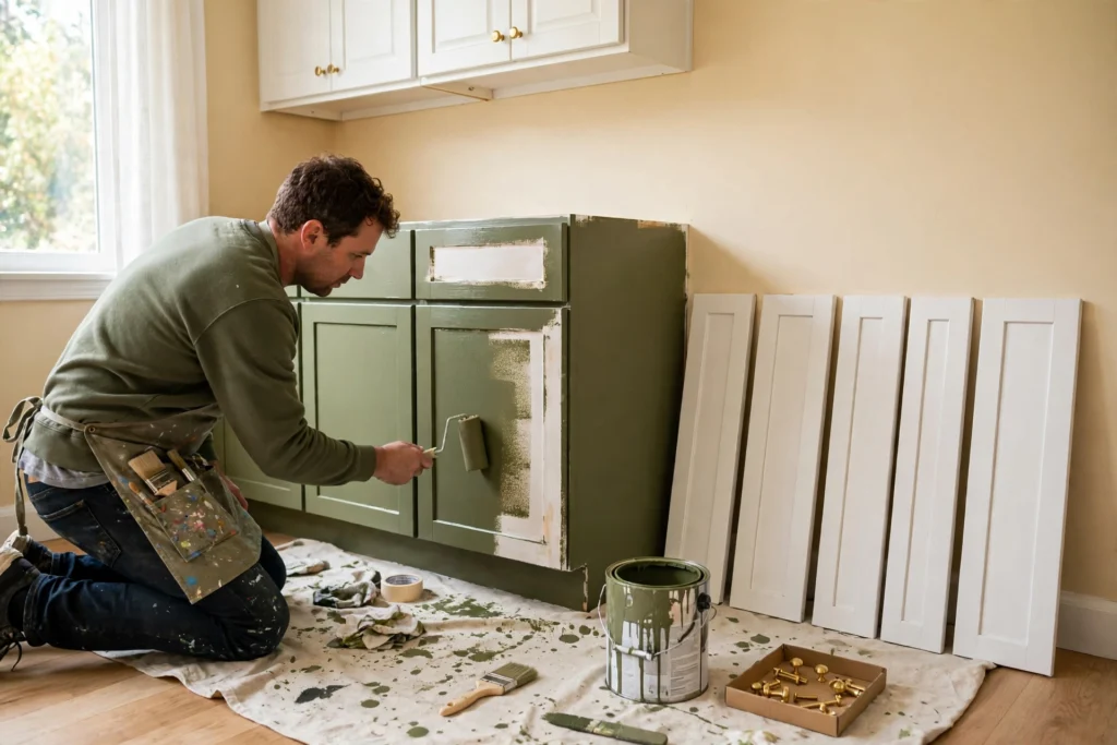 Painting lower kitchen cabinets olive green with a foam roller during a budget kitchen makeover under $100