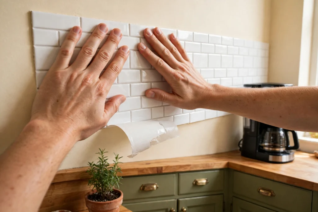 Pressing white peel-and-stick subway tile backsplash onto a kitchen wall above olive-green cabinets