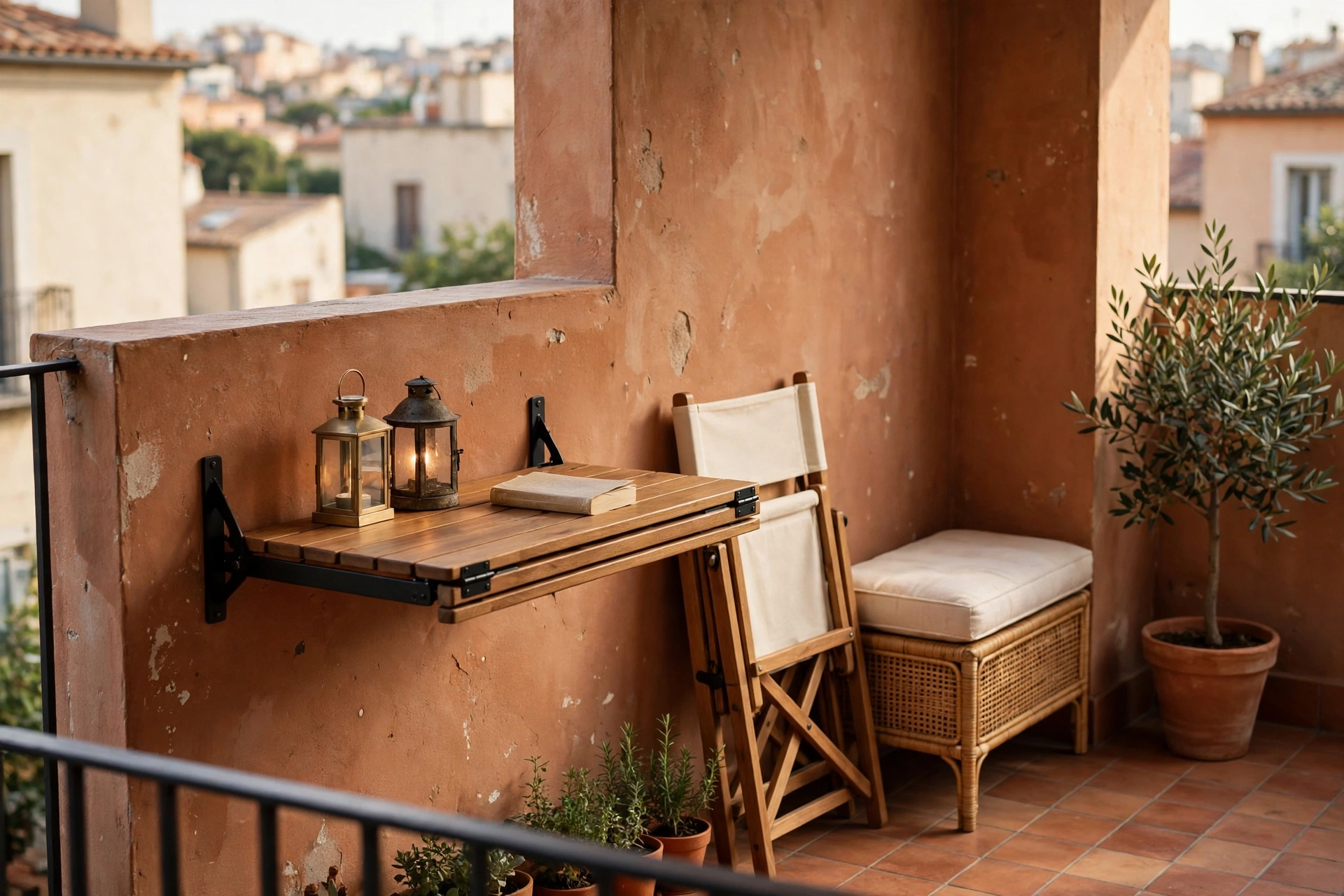 Folding bistro table and chairs with a rattan storage bench on a tiny balcony