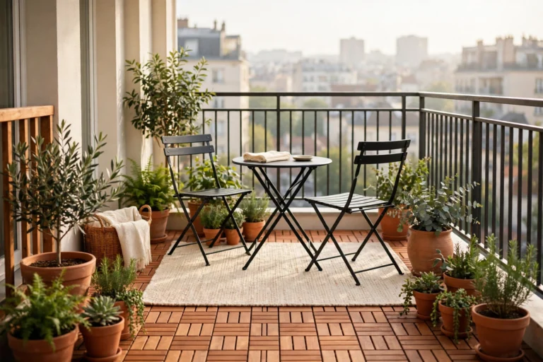 Small rental balcony with terracotta deck tiles, folding bistro set and potted plants