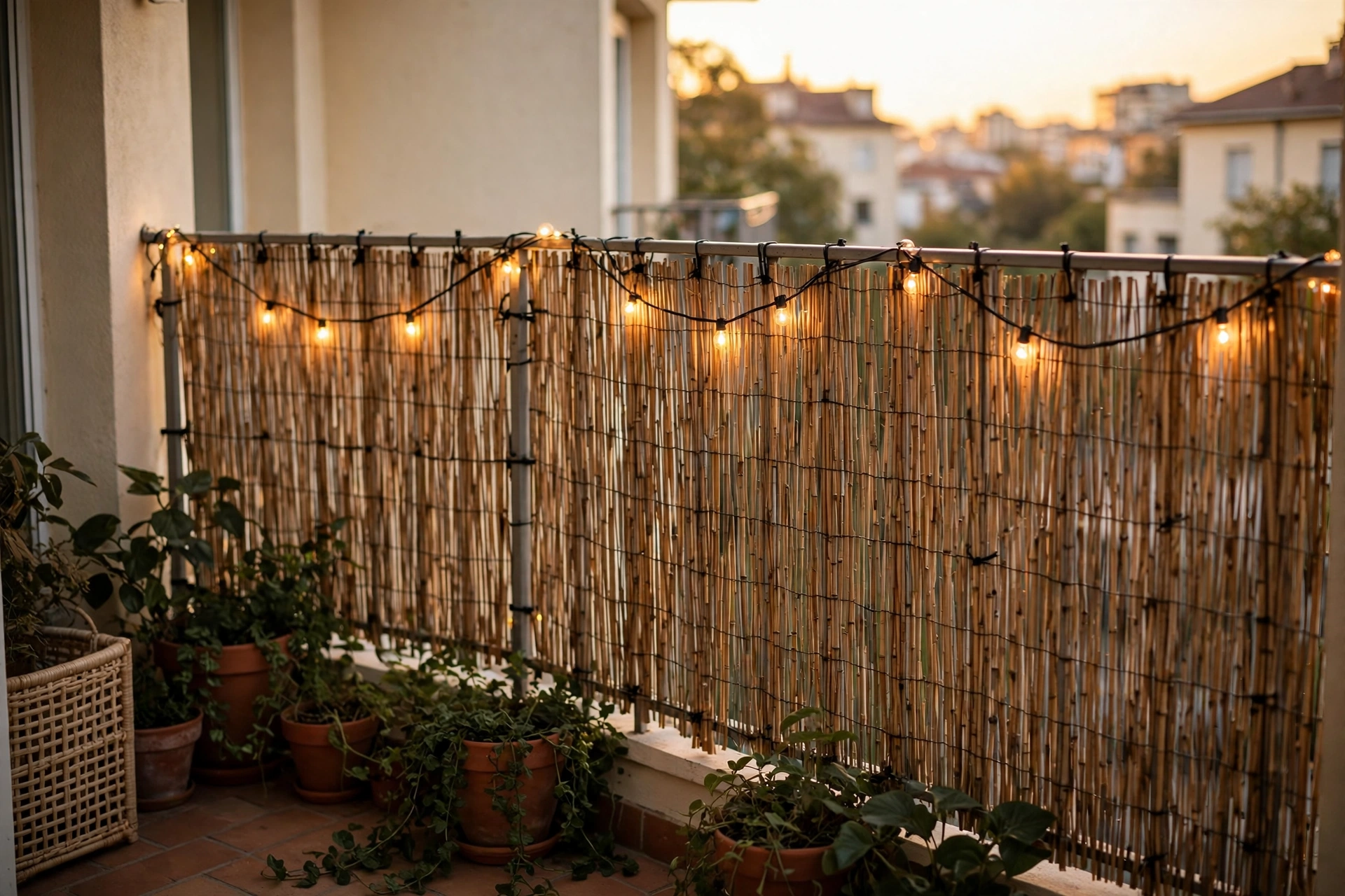 Bamboo privacy screen on a rental balcony railing with warm string lights