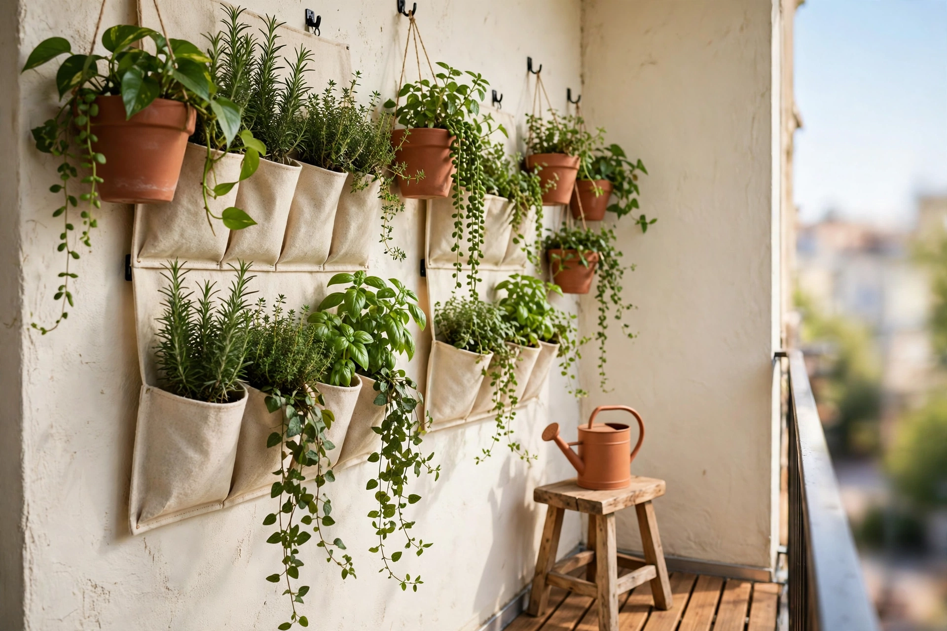 Vertical garden of hanging planters and herbs on a small rental balcony wall