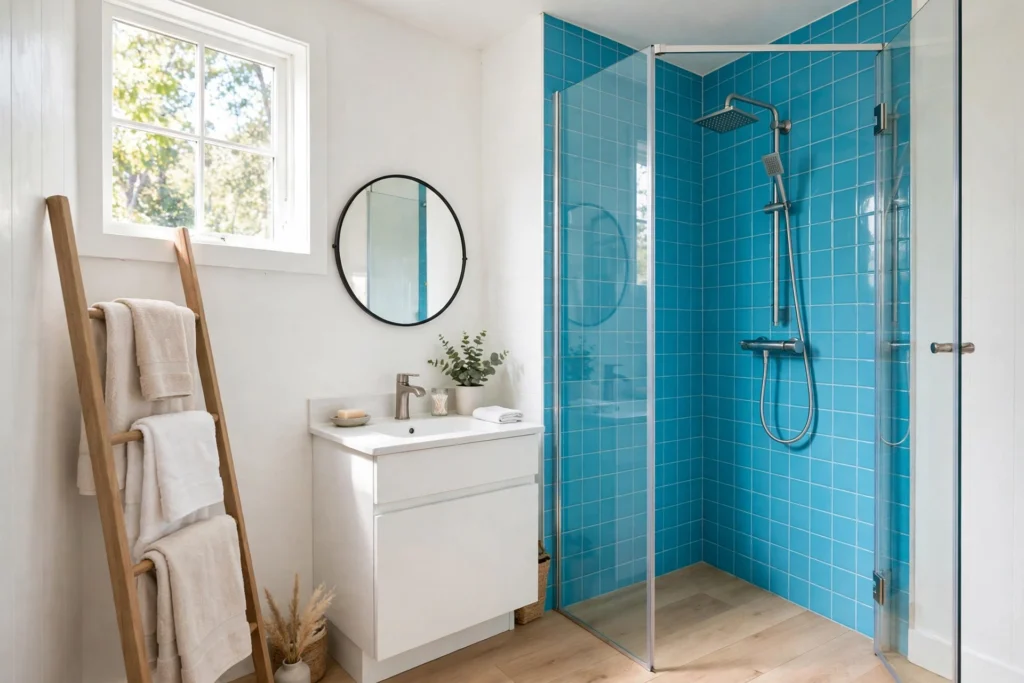 Corner shower with aqua blue tiles beside a small white vanity in a bright bathroom
