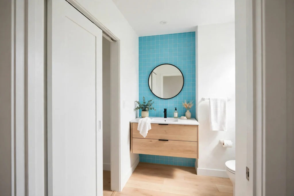 White sliding pocket door opening into a small bathroom with aqua tile accent wall and floating vanity