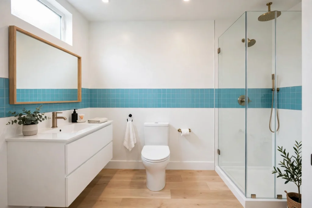 Single-wall small bathroom layout with vanity, toilet and glass shower along one wall and aqua tile band