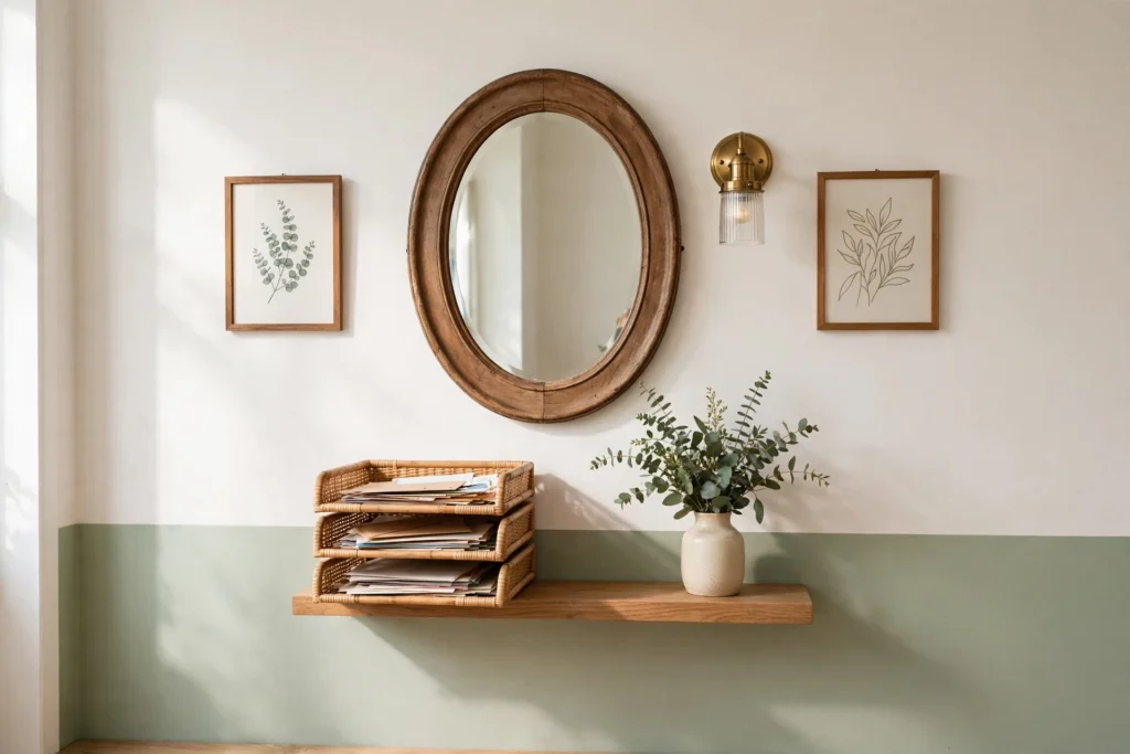 Thrifted mirror and brass sconce styling an entryway wall with gallery frames