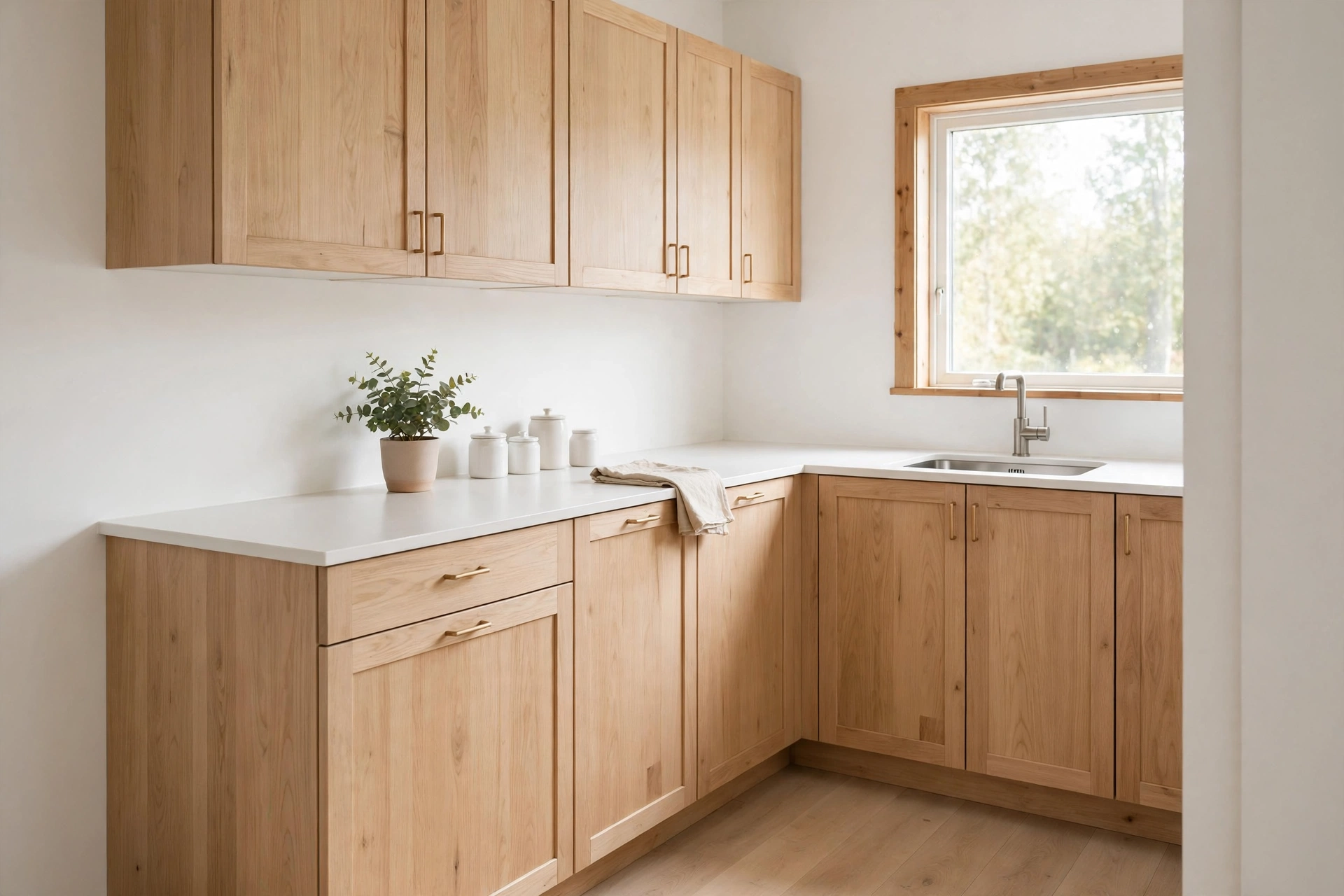 Light oak cabinets with a plain white quartz countertop in a small Scandinavian kitchen