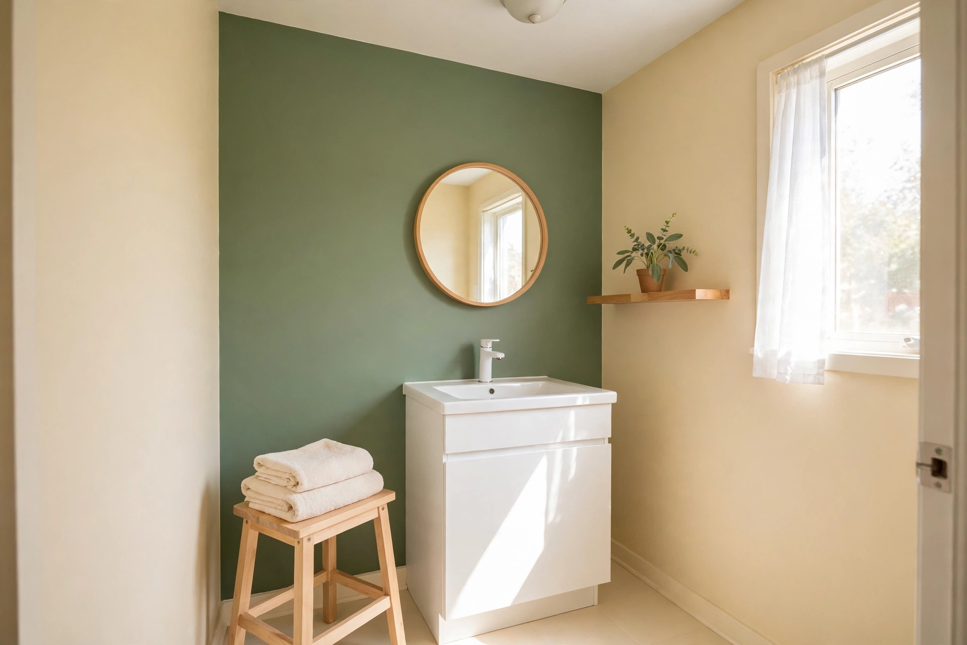Cream bathroom walls with a bold sage green painted accent wall behind a white vanity