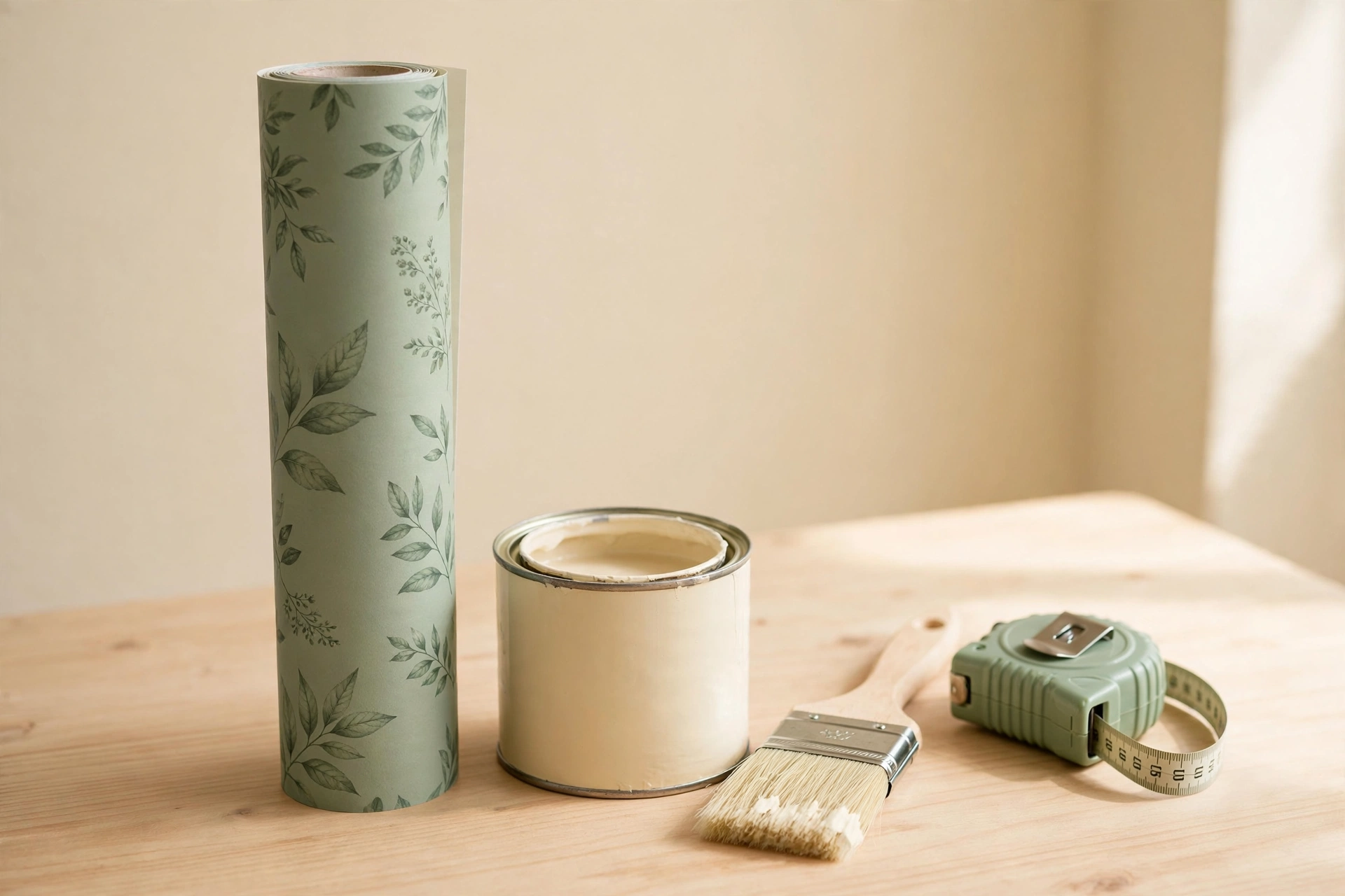 Peel and stick wallpaper roll and cream paint can on a wood table with a brush and tape measure