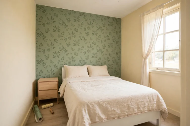 Peel and stick vs paint for renters: cream bedroom walls with a bold sage green botanical peel-and-stick wallpaper accent wall behind a white bed