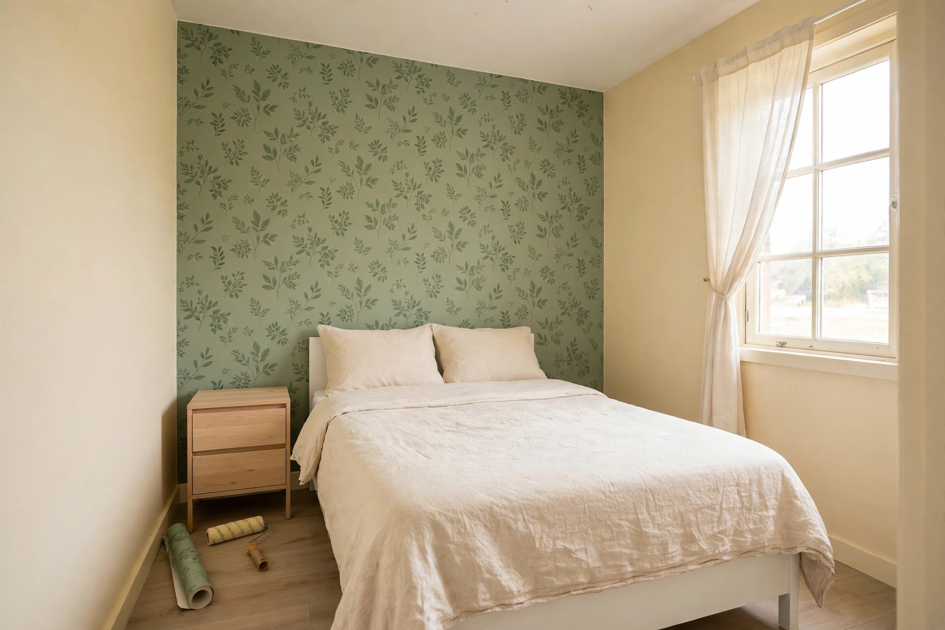 Peel and stick vs paint for renters: cream bedroom walls with a bold sage green botanical peel-and-stick wallpaper accent wall behind a white bed
