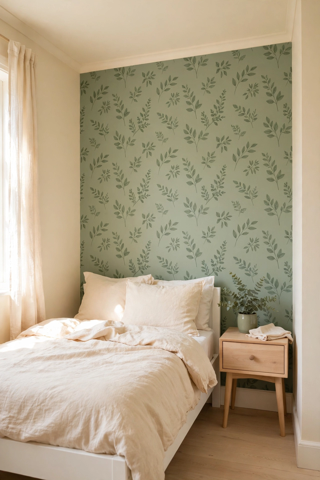 Peel and stick vs paint for renters pin: cream bedroom with a bold sage green botanical wallpaper accent wall