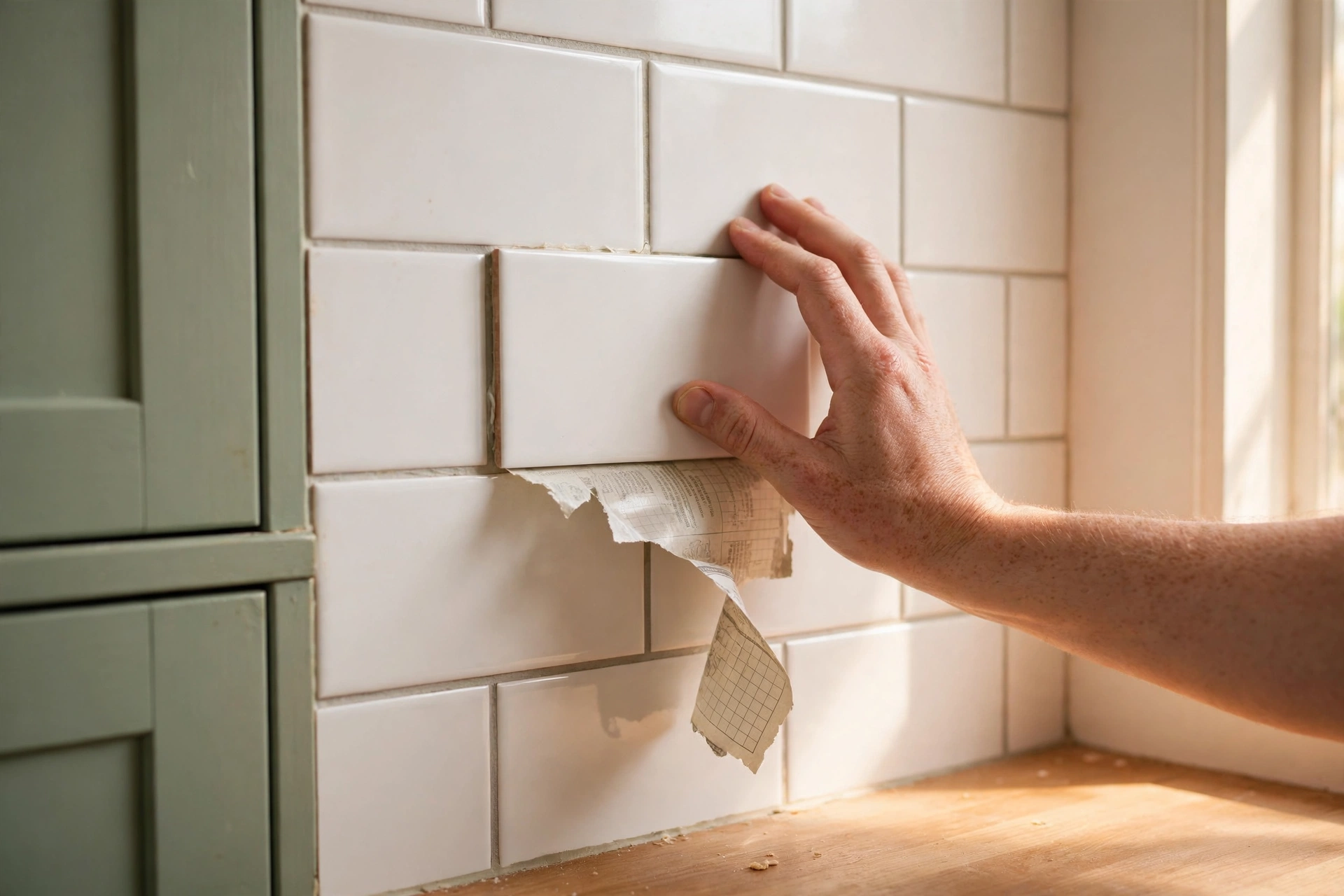 Close-up of peel-and-stick backsplash tiles being installed in a rental kitchen