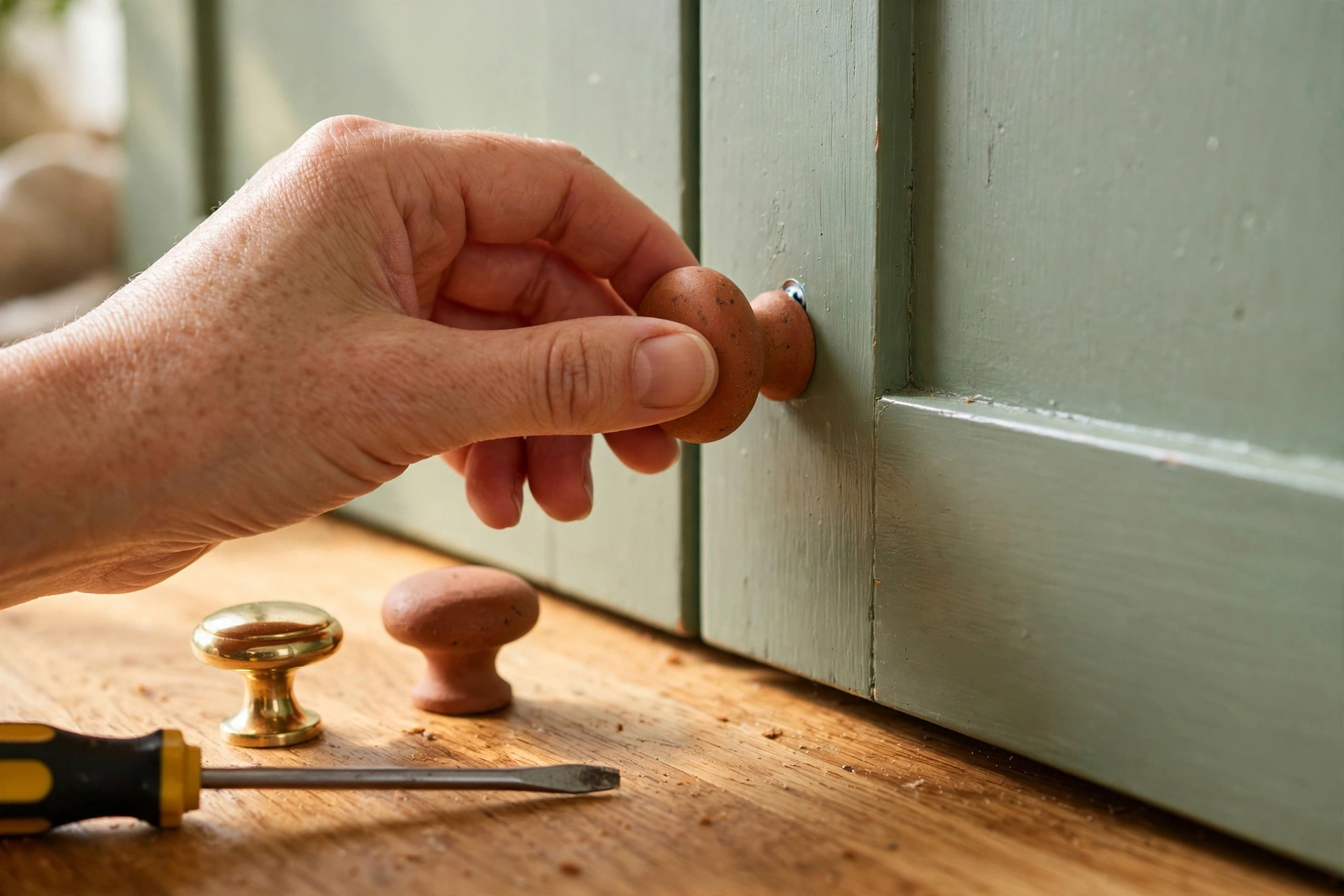 Swapping a cabinet knob for a brass pull on a sage-green rental kitchen cabinet